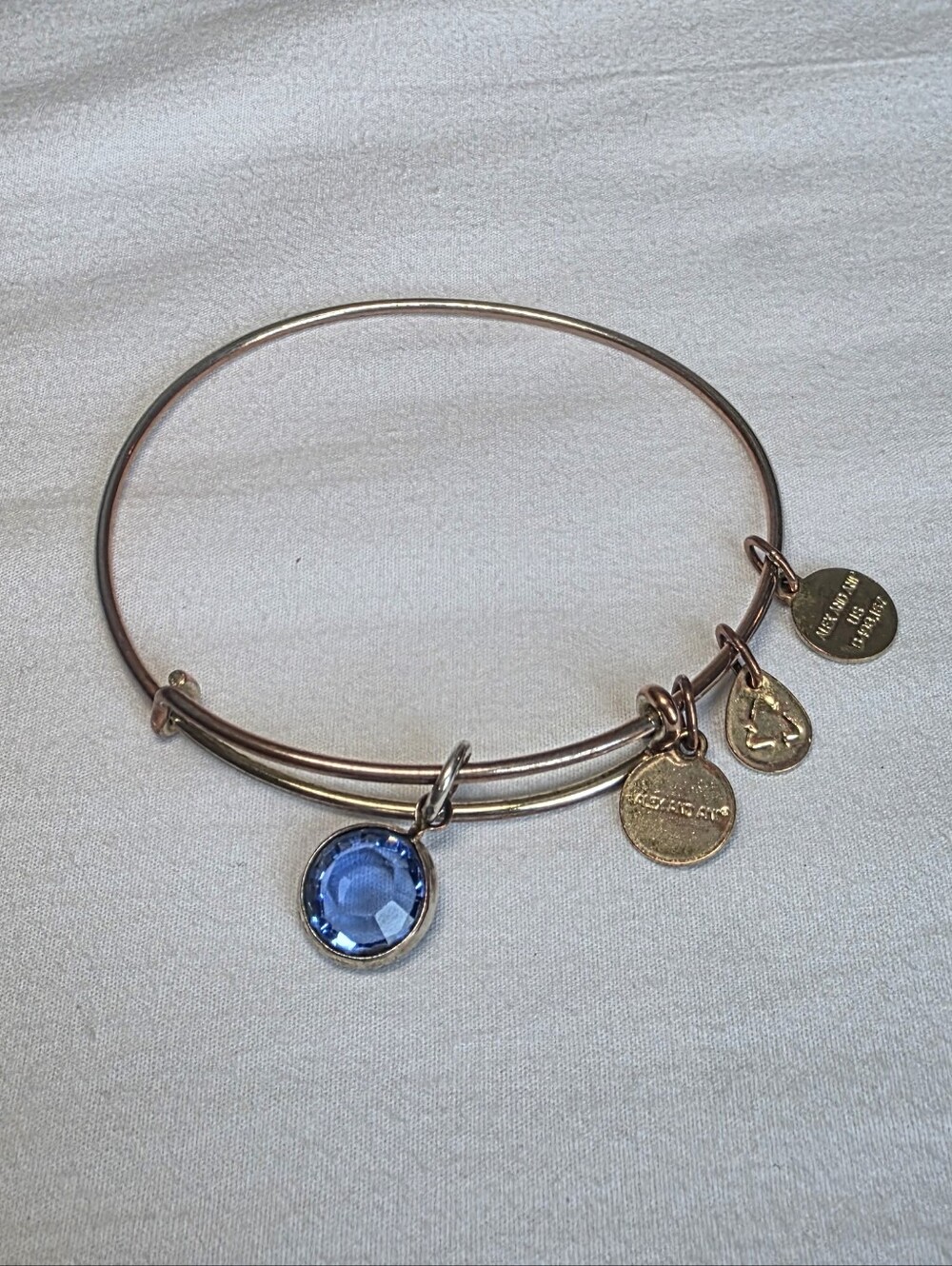 Alex and Ani Silver Bangle with Blue Crystal Birthstone Charm and Logo Discs